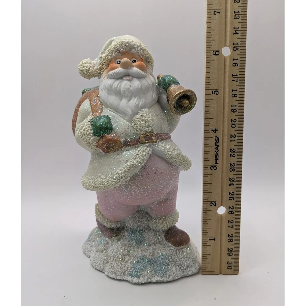Santa‎ Claus Figurine Pastel Pink Pants White Coat Gold Bell Bag Presents 6.75